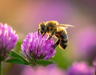 Honeybee on a clover flower in soft, vibrant light