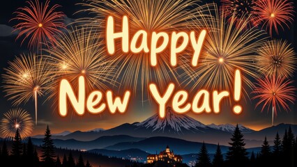 Happy new year text overlay on a festive fireworks display over mountains