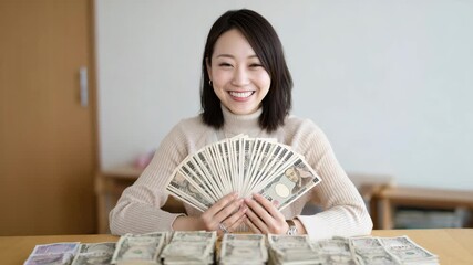woman holding a stack of cash money bills smiling - Powered by Adobe