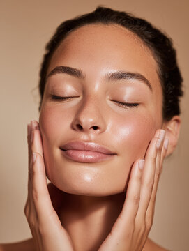 Portait of beautiful skin woman applied crem on her face, healthy beauty skincare and cosmetics for advertising. Generative Ai.	
