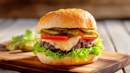 Juicy Beef Burger Topped with Melted Cheese, Grilled to a Golden Crisp—Every Bite Bursts with Rich, Savory Flavors, Boasting a Perfectly Seared Patty, Creamy Melted Cheese That Oozes With Each Bite