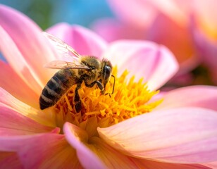 Honeybee on a delicate pink dahlia