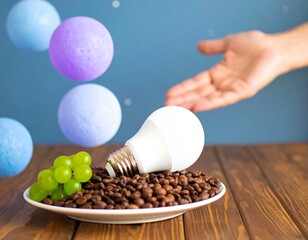 Lightbulb, coffee beans, and pastel balls