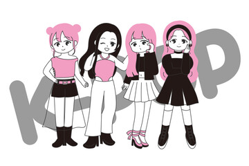 女性K-POPグループ風のかわいいイラスト