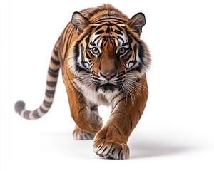 Obraz premium Tiger in a bold, forward stride against a white background. Powerful stance