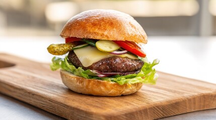 Juicy Beef Burger Topped with Melted Cheese, Grilled to a Golden Crisp—Every Bite Bursts with Rich, Savory Flavors, Boasting a Perfectly Seared Patty, Creamy Melted Cheese That Oozes With Each Bite