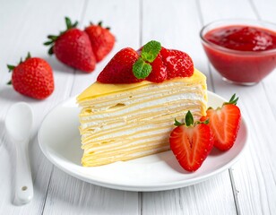 Creamy crepe cake layered with strawberries and sauce