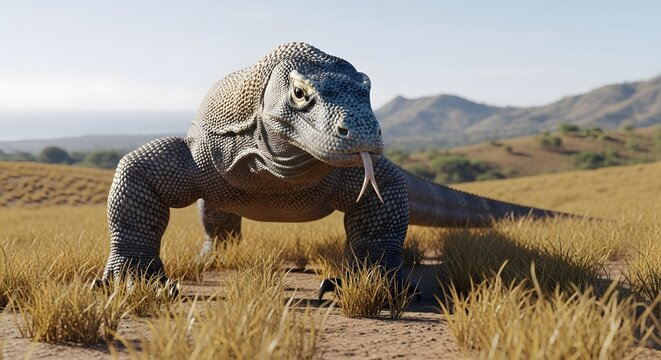 A large komodo dragon lizard with its tongue flicking out walks across a dry, grassy savanna landscape with rolling hills in the background