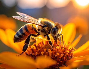 Honeybee on a flower bathed in sunlight