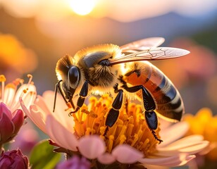Honeybee on a flower in golden light