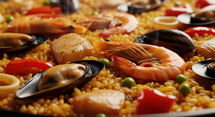 Delicious paella with fresh seafood, shellfish, vibrant peppers, and green peas ready to be served for a festive Spanish dinner, perfect for celebrating good times