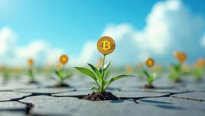 Digital Currency Growth A golden coin sprouts from cracked earth, symbolizing prosperity.