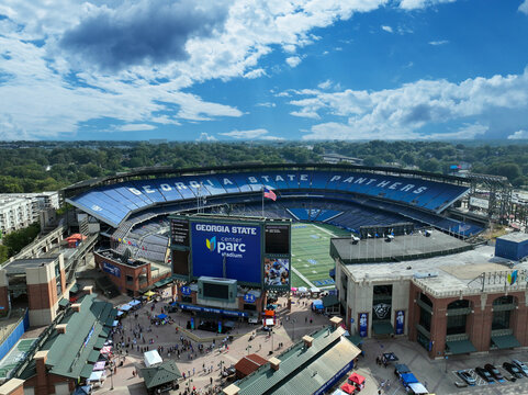 Aerial drone photograph of Center Parc Stadium.  The football stadium of Georgia State University.  This photo was taken 9 21 2025 in Atlanta Georgia.