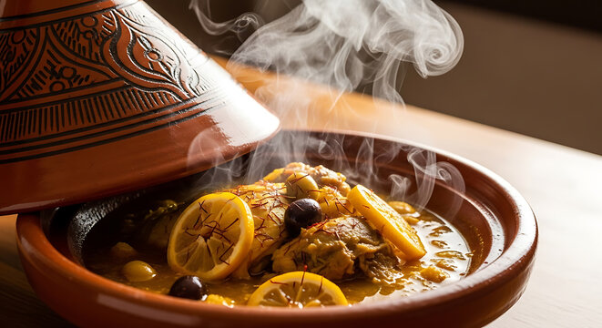 Experience authentic Moroccan cuisine with a flavorful chicken tagine, beautifully plated with lemon and olives, perfect for travel blogs, food magazines, and culinary adventures