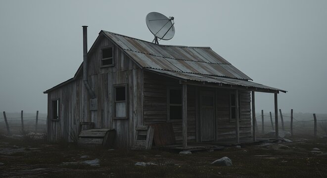 Old wooden house in foggy field