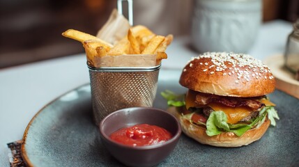 Juicy Beef Burger Topped with Melted Cheese, Grilled to a Golden Crisp—Every Bite Bursts with Rich, Savory Flavors, Boasting a Perfectly Seared Patty, Creamy Melted Cheese That Oozes With Each Bite