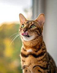 Curious feline with spotted coat, tongue out