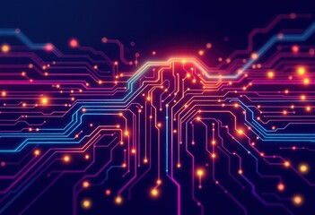 Intricate circuit board design with vibrant neon colors and glowing components showcasing the complexity of modern technology.