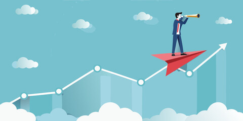 Businessman on a paper airplane looking through a telescope on a rising graph representing success and future vision