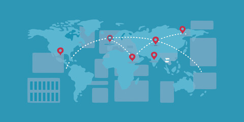 Obraz premium Global network of connections and destinations across a stylized world map
