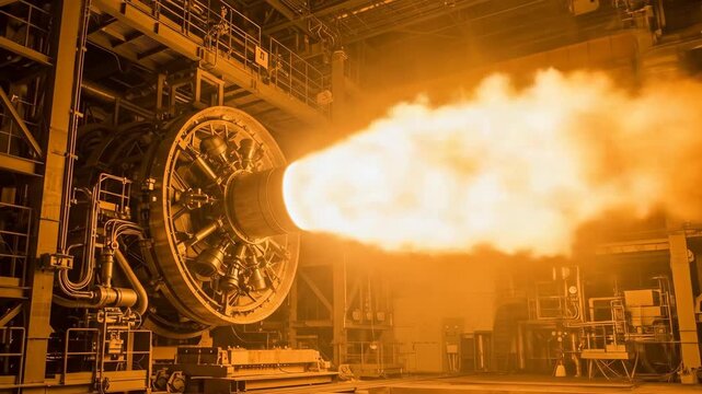 Powerful jet engine test with flames and smoke in a large industrial setting.