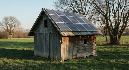 Obraz premium Small wooden structure with solar panels