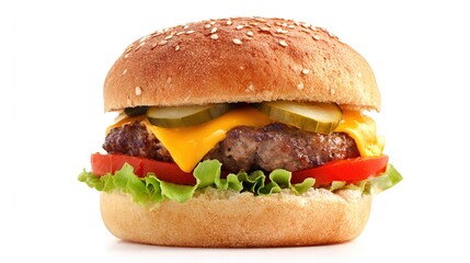 Juicy Beef Burger Topped with Melted Cheese, Grilled to a Golden Crisp—Every Bite Bursts with Rich, Savory Flavors, Boasting a Perfectly Seared Patty, Creamy Melted Cheese That Oozes With Each Bite
