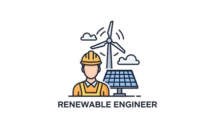 Renewable energy engineer icon representing green jobs in sustainable power generation with wind turbine and solar panel technology vector illustration