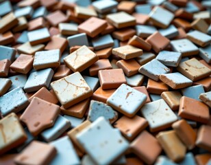A close up of a collection of colorful broken tiles scattered on the ground in no particular order.