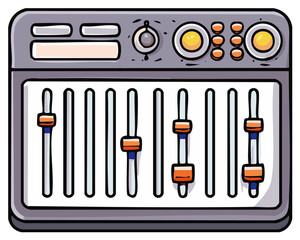 Cartoon sound mixer with faders and knobs for music production and audio engineering