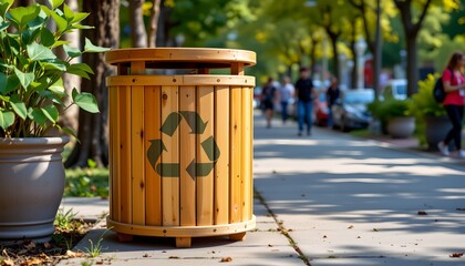 Naklejka premium A vibrant street scene with a prominent wooden barrel trash can as the focal point