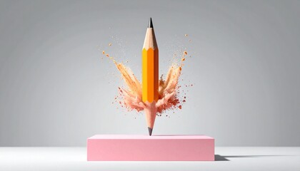 A yellow pencil—balanced on pink block, erupting in orange-pink powder—rests in surreal tension. A metaphor for creative ignition and the choreography of expressive precision.