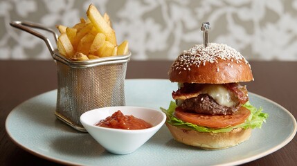 Juicy Beef Burger Topped with Melted Cheese, Grilled to a Golden Crisp—Every Bite Bursts with Rich, Savory Flavors, Boasting a Perfectly Seared Patty, Creamy Melted Cheese That Oozes With Each Bite