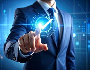 Businessman interacting with a digital check mark