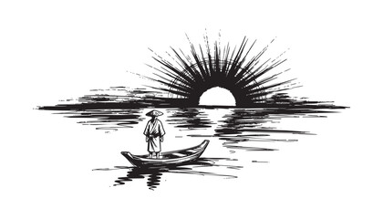 japan traditional Man and boat. Sunset, dusk abstract brush sketch illustration