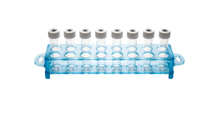 Test tubes in a blue rack isolated on transparent background, essential laboratory equipment for scientific research and medical diagnostics
