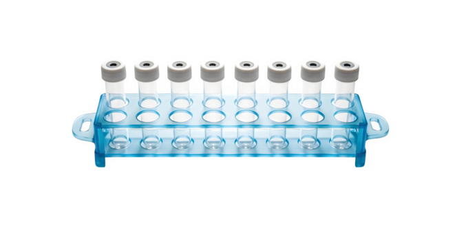 Test tubes in a blue rack isolated on transparent background, essential laboratory equipment for scientific research and medical diagnostics