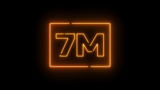 Neon a yellow design with the text "7M FOLLOWERS." The letters are stylized and illuminated, conveying a celebratory tone.Glowing neon text illuminating 7m in a rectangle against a black background.