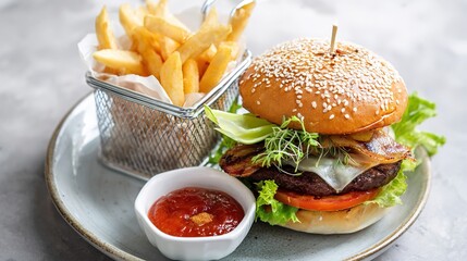 Juicy Beef Burger Topped with Melted Cheese, Grilled to a Golden Crisp—Every Bite Bursts with Rich, Savory Flavors, Boasting a Perfectly Seared Patty, Creamy Melted Cheese That Oozes With Each Bite