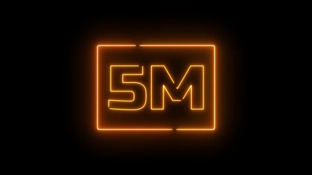 Neon a yellow design with the text "5M FOLLOWERS." The letters are stylized and illuminated, conveying a celebratory tone.Glowing neon text illuminating 5m in a rectangle against a black background.