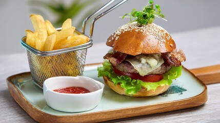Juicy Beef Burger Topped with Melted Cheese, Grilled to a Golden Crisp—Every Bite Bursts with Rich, Savory Flavors, Boasting a Perfectly Seared Patty, Creamy Melted Cheese That Oozes With Each Bite