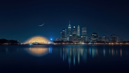 Illuminated dome with city skyline reflecting under crescent moonlight