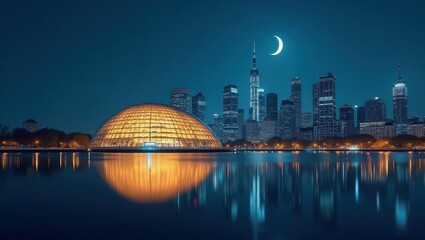 Fototapeta premium Illuminated dome with city skyline reflecting under crescent moonlight