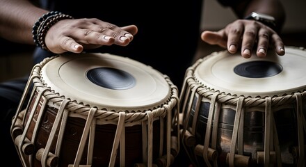Obraz premium Closeup of a musicians hands playing the tabla, a pair of hand drums, showcasing intricate fingerwork and the traditional indian percussion instrument