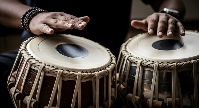 Closeup of a musicians hands playing the tabla, a pair of hand drums, showcasing intricate fingerwork and the traditional indian percussion instrument