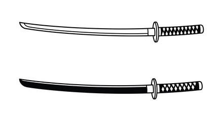 Two traditional japanese katanas depicted in a black and white sketch style