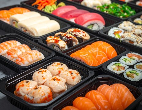 Assorted sushi in black takeout containers
