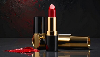 Two lipsticks—one upright, one smeared in red gloss—rest in dramatic contrast. A metaphor for expressive allure and the choreography of cosmetic declaration.