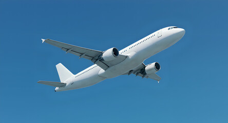 White Jetliner Passenger Airplane Two Engine Corner View Low Angle with Clear Blue Sky