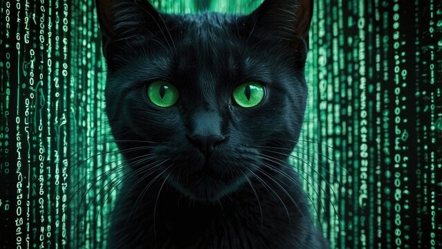 Mysterious black cat with glowing green eyes amidst an intricate green binary code background. Cyber attack concept, online security.